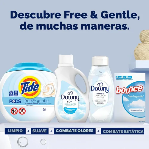 Vista 8 de Suavizante líquido para telas Downy Free & Gentle, 44 fl oz, 60 cargas, hipoalergénico, acondicionador de tela líquido apto para pieles sensibles