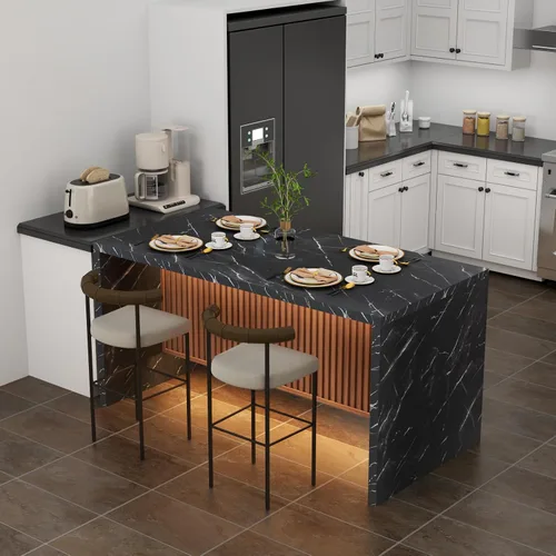 Vista 3 de Mesa de comedor grande de imitación de mármol de 63" para 4-6 personas (patente pendiente), mesa de isla con luces LED, mesa de comedor de cocina