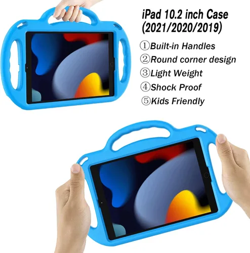 Vista 2 de LTROP Funda para niños para iPad de 9ª/8ª/7ª generación de 10.2 pulgadas con correa de hombro, funda a prueba de golpes ligera con asa y soporte Azul