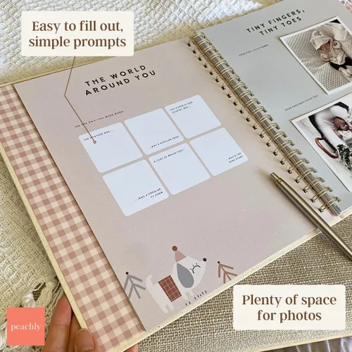 Vista 6 de Peachly Libro de recuerdos unisex para bebé, recuerdo minimalista para el primer año para los hitos, libro de bebé moderno y estético Scandi
