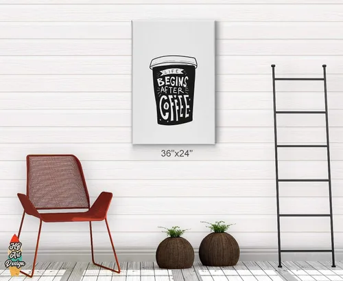 Vista 4 de HB Art Design Life Begins After Coffee - Lienzo impreso en blanco y negro, arte de pared, decoración de cafetería, decoración de pared de cocina
