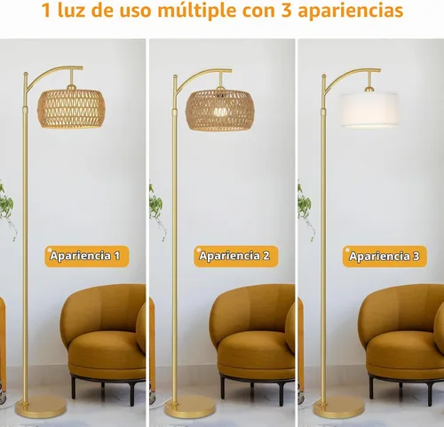 Vista 6 de eyassi Lámpara de pie de arco con 3 temperaturas de color, lámpara de pie LED dorada con control remoto y bombilla regulable continua, lámpara