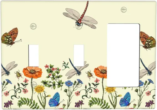 Vista 68 de Placa de Pared en Blanco de 1-Gang Sin Dispositivo Beige Lindo Vintage Boho de los 70s Hongo Fungus Planta Floral Botánica Libélula Interruptor