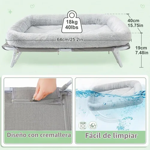 Vista 4 de Sunhoo Cama elevada para gatos, hamaca elevada plegable para mascotas, tumbona para cachorros con marco de metal fuera del suelo, cubierta lavable