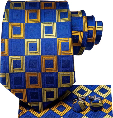 Vista 285 de Hi-Tie Corbata clásica de cachemira para hombre con pañuelo y gemelos a cuadros
