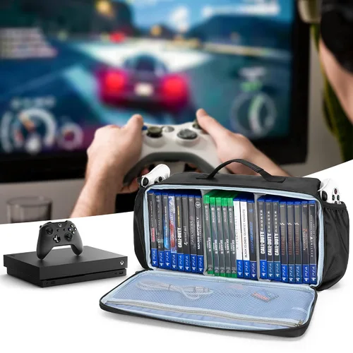 Vista 6 de CURMIO Game Disc Storage Bag Holds Up to 24 Discs, Game Disk Travel Case Compatible for PS5PS4PS4 ProPS3Xbox OneXbox 360Xbox Series XS, Blue