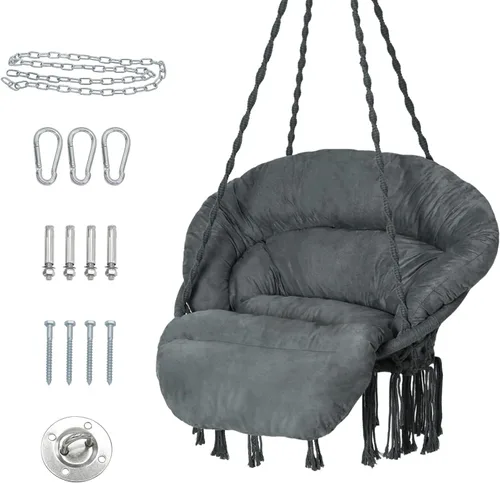 Vista 8 de Silla hamaca con cojín, silla columpio de macramé hecha a mano con kits de accesorios para colgar, estilo bohemio, silla colgante de cuerda de Beige