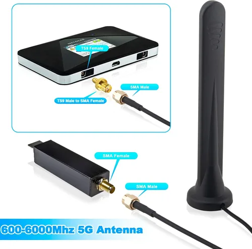 Vista 4 de Antena 5G LTE Amplificador de señal 4G Antena de red omnidireccional externa SMA TS9 Conector 15Dbi Antena base magnética con cable 3M