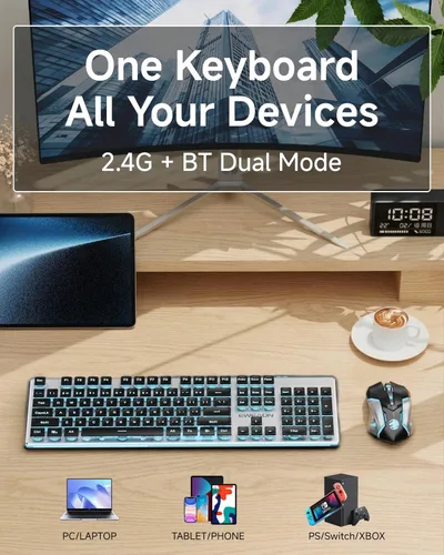 Vista 3 de SEUNKWANG EWEADN V3 Combo de Teclado y Mouse Inalámbrico con Retroiluminación Azul, Panel Metálico, Teclado y Mouse de Computadora Recargable