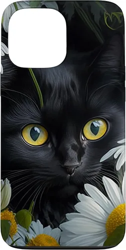 Vista 23 de iPhone 16 Black Cat with Daisies – Enchanting Floral Design Case