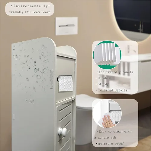 Vista 5 de Armario de almacenamiento pequeño para baño, organizador de papel higiénico delgado con 2 puertas y estantes, armario de almacenamiento sobre