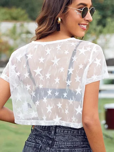 Vista 2 de MakeMeChic Top corto de malla transparente para mujer