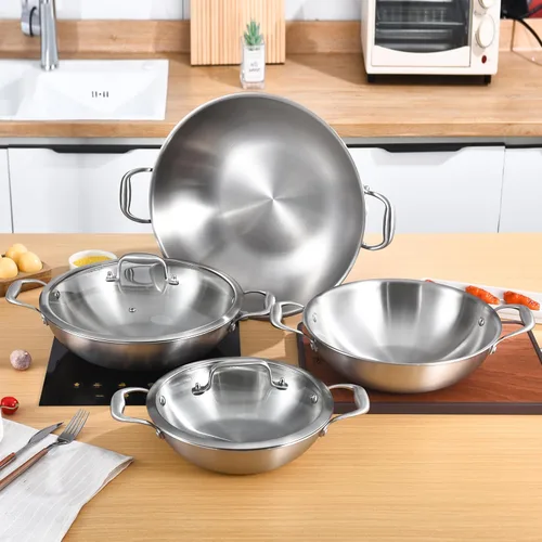 Vista 4 de LOLYKITCH Wok de acero inoxidable de tres capas de 10 pulgadas con tapa, olla de cocción de inducción de 2.5 cuartos de galón, apta