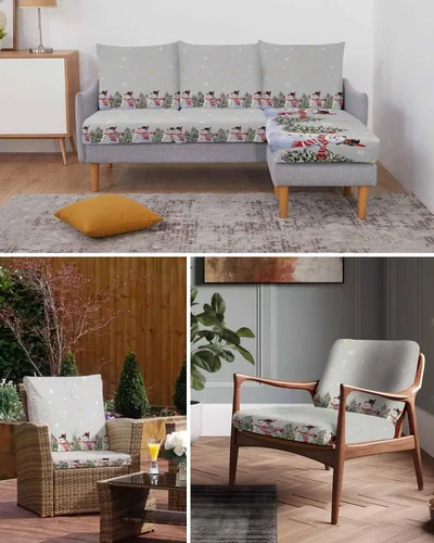 Vista 7 de Fundas de cojín para sofá de Navidad con diseño de muñeco de nieve gris, funda elástica para sofá con parte inferior elástica, diseño de árbol
