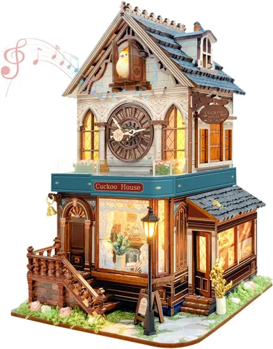 Vista 9 de Kit de rincón de lectura - Kit de casa de muñecas DIY en miniatura de madera con cubierta de polvo, estantería decorativa, rompecabezas 3D