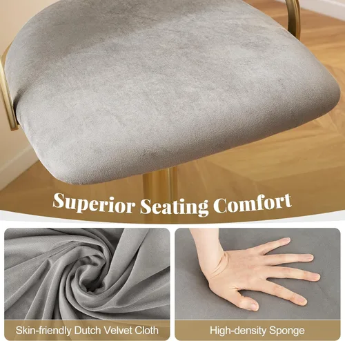 Vista 4 de COSTWAY Taburete giratorio moderno de altura ajustable, juego de 2, gris y dorado Velvet Upholstered Island Stools with Barrel Back & Footrest