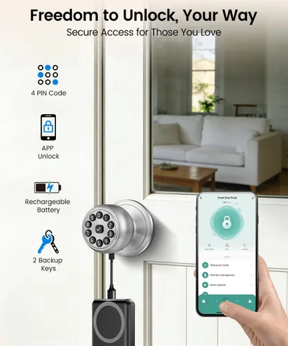 Vista 2 de KLLOQUE Smart Door Lock,Smart Keypad Door Knob with Lock,Bright Silver