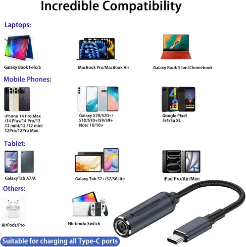Vista 6 de DC 0.291 in x 0.197 in entrada hembra a USB C PD macho cable de carga de alimentación, 100 W DC7450 a USB tipo C PD salida 5V/9V/20V cable con chip