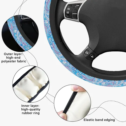 Vista 6 de Funda para volante con patrón bohemio azul, funda protectora para volante con estampado lindo, ultradelgada, transpirable, antideslizante