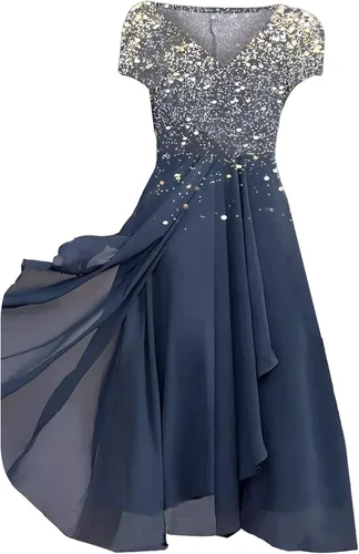 Vista 3 de Vestido de gasa de verano para mujer, cuello en V, manga corta, cintura alta, con capas, vestido largo fluido, casual, fiesta, cóctel, maxi vestidos