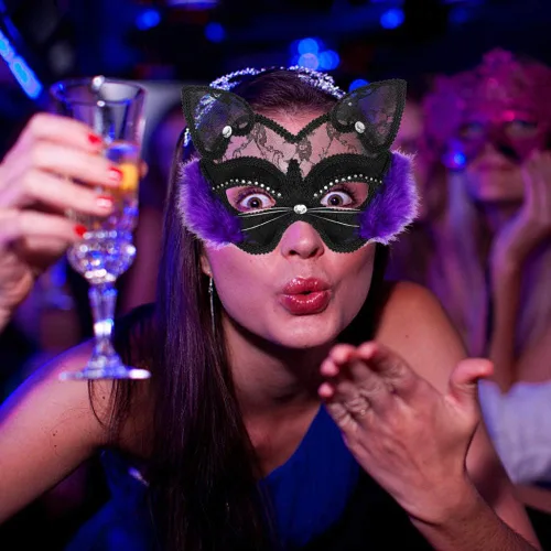 Vista 4 de Acekar Máscara veneciana de mascarada de lujo de gato negro máscara de encaje para vestido elegante, Navidad, Halloween, fiesta, niñas y mujeres