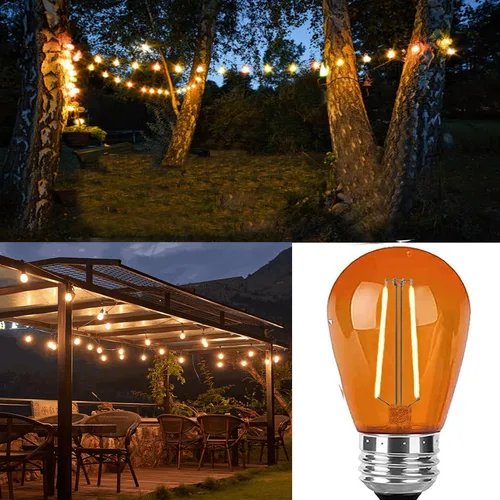 Vista 4 de Paquete de 15 bombillas LED S14 naranja, base E26 inastillable de plástico de 2 W, luz nocturna para cadena de luces, bombilla vintage impermeable