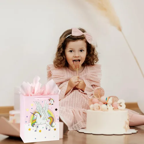 Vista 5 de Laidans Bolsa de regalo de unicornios grandes de 13 pulgadas para niñas y niños, baby shower con papel de seda, paquete de 1