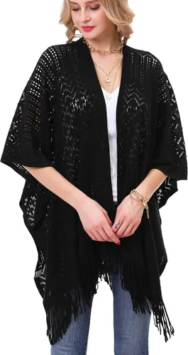 Vista 2 de Chal de punto para mujer – Soul Young Ladies Fringe Punto Poncho Manta Cardigan Capa (2 piezas), Negro, rojo, blanco, gris, caqui, baya, azul