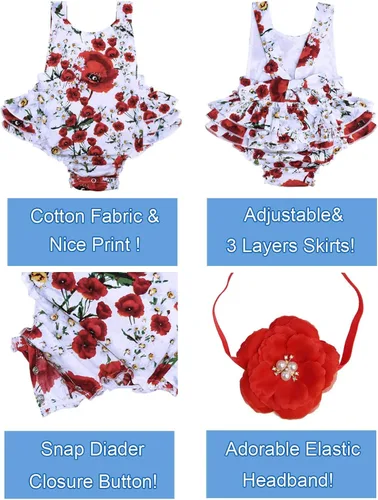 Vista 4 de Mameluco de verano con diseño floral y volantes para niña bebé, con diadema