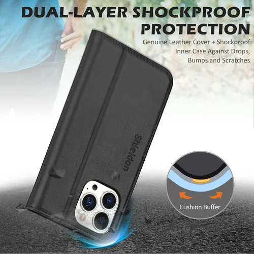 Vista 5 de SHIELDON - Funda tipo cartera de piel auténtica para iPhone 14 Pro Max de 6.7 pulgadas 2022, color negro Magnetic Closure, RFID Blocking, Credit