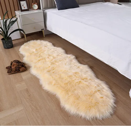 Vista 8 de Alfombra de piel sintética de 2 x 6 pies, color beige, lavable a máquina, súper suave, esponjosa, alfombra de piel de oveja mullida para dormitorio