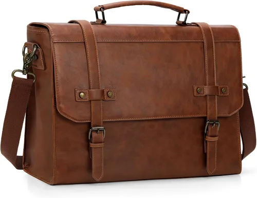 Vista 11 de RAINSMORE Bolsa de mensajero para hombre de 17 pulgadas, impermeable, de piel vintage, maletín para laptop, bolsa grande para laptop, cartera, bolsa
