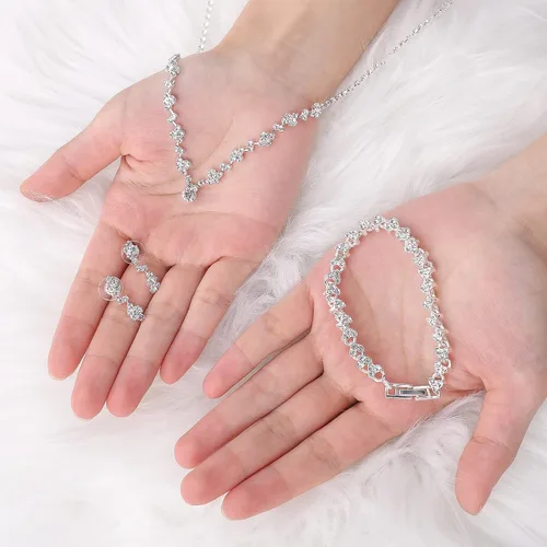 Vista 6 de Bridal Wedding Jewelry Set Rhinestone Wedding Jewelry Set Silver Bridal Necklace Earrings Set Brides Bridesmaid Prom Costume Jewelry Set for Women