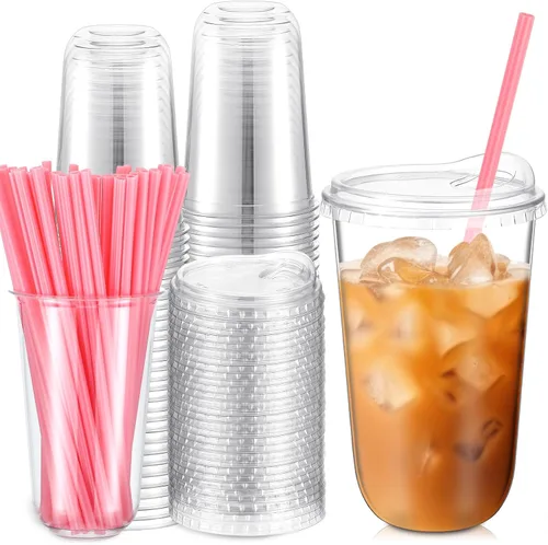 Vista 16 de Ziliny 25 juegos de vasos de plástico con pajitas y tapas de corazón rosa
