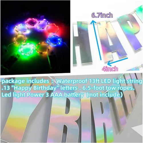 Vista 4 de Cartel de cumpleaños LED impermeable de 13 pies, letras iridiscentes premontadas con 2 cuerdas para colgar, funciona con pilas, no necesita