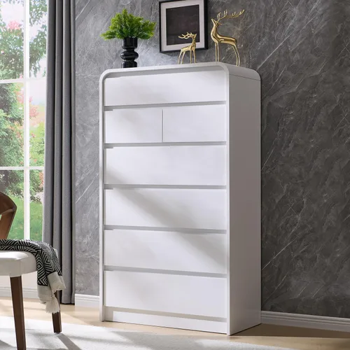 Vista 12 de Aitjunz - Cómoda moderna de 5 cajones para dormitorio, 45 pulgadas de alto, diseño de perfil curvo, cómoda vertical de madera estilo Mid-Century