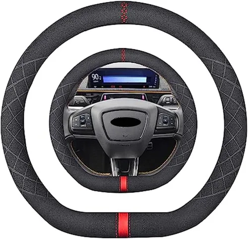 Vista 43 de Funda de volante de gamuza de 14 pulgadas, compatible con Tesla Model 3 Model Y, funda de volante deportiva de cuero gamuza antideslizante