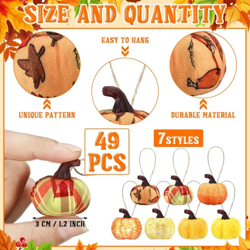 Vista 2 de Leinuosen 49 adornos para árbol de otoño de Acción de Gracias, calabaza, adornos colgantes de tela de otoño para granja, cosecha, fiesta de Navidad