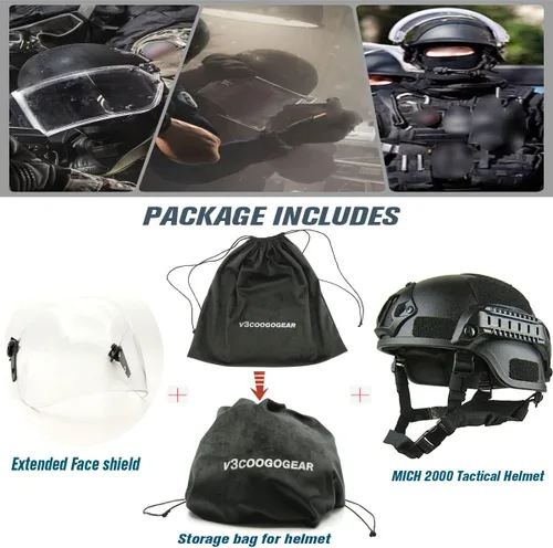 Vista 3 de Casco táctico ACH Airsoft con visera transparente de cara completa, protector protector MICH 2000 modo para paintball al aire libre CS Wargame Negro