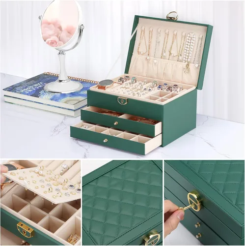 Vista 5 de LETURE Joyero de alta calidad con cajones, organizador de joyas grande con cerradura de 3 capas para mujeres y niñas, estuche de almacenamiento