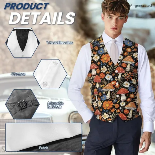 Vista 7 de TODIYADDU Single Breasted Sleeveless Vest for Men Tuxedo Vest Mushroom