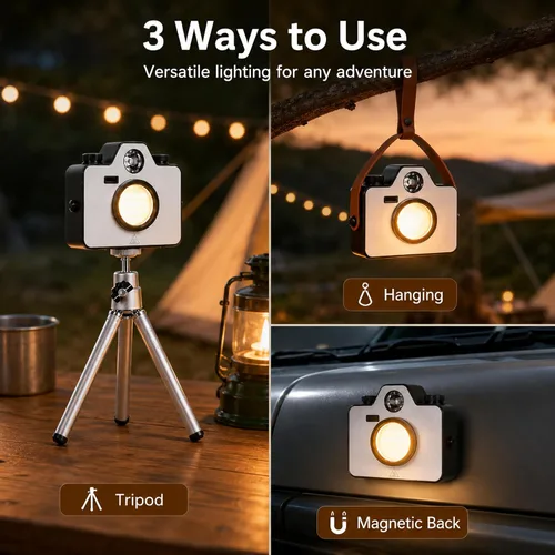 Vista 2 de Luces LED de camping portátil, luces a pilas, brillo y color ajustables, linterna recargable con magnética, IPX5 impermeable, luces de tienda