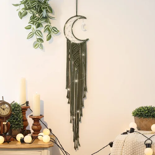Vista 15 de Atrapasueños de luna de macramé para niña, atrapasueños de media luna azul estilo bohemio para dormitorio de adultos, adorno hecho a mano