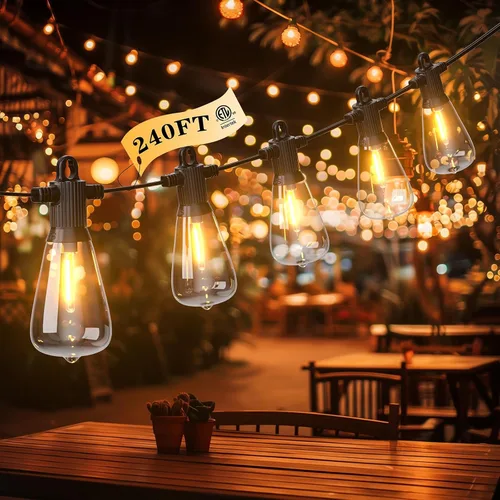 Vista 12 de Guirnalda de luces LED para exteriores, 25 pies, impermeables, para patio, con 12+1 bombillas Edison ST38 inastillables, luz colgante blanca cálida