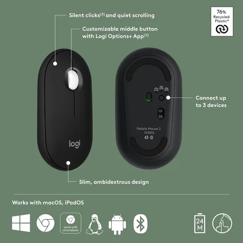 Vista 6 de Logitech Pebble Mouse 2 M350s Slim Bluetooth Ratón inalámbrico, portátil, ligero, botón personalizable, clics silenciosos, fácil de cambiar
