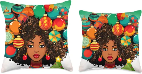 Vista 3 de Black women Christmas ornament melanin curly hair Melanin Christmas Queen Xmas Black Girl Magic Ornament - Almohada de 16 x 16 pulgadas, multicolor