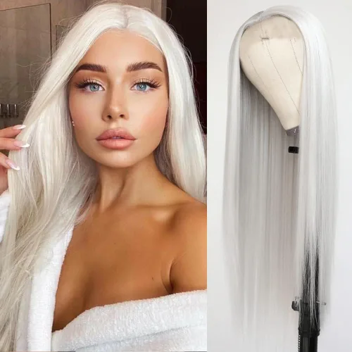 Vista 15 de QD-Tizer Pelucas sintéticas de color rubio ceniza con flequillo, pelucas de cabello largo y lacio, sin pegamento, pelucas sintéticas sin encaje