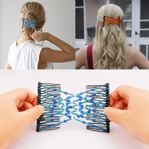 Vista 4 de 4 pinzas elásticas mágicas para el cabello, pinzas elásticas para el cabello, doble peine para mujeres y niñas, peinado vintage, accesorios