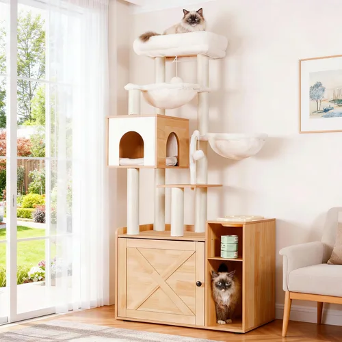 Vista 13 de Hey-brother Árbol para gatos con recinto de caja de arena XL, torre para gatos todo en uno para gatos de interior con hamaca grande, cama, estación