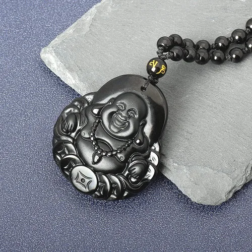 Vista 2 de NAKOBO Collar de obsidiana negra de Buda, Yin Yang, lobo y dragón, amuleto de protección con cadena de cuentas extendida, piedra de cristal